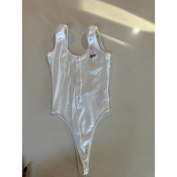 Off-white Open back Printed Ribbed Cotton-blend Jersey Bodysuit - Picture 4 of 12